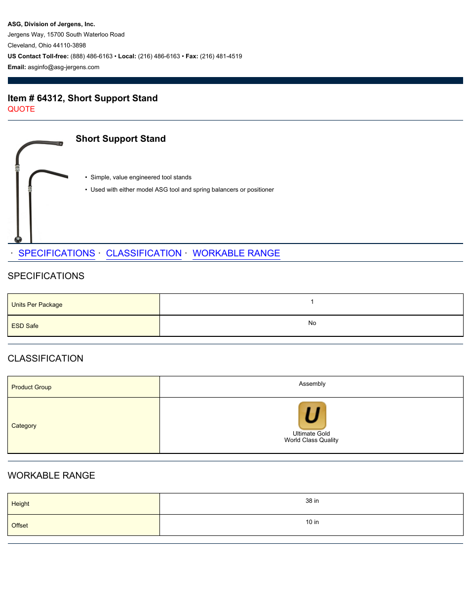 ASG Jergens 64312 Short Support Stand User Manual | 1 page