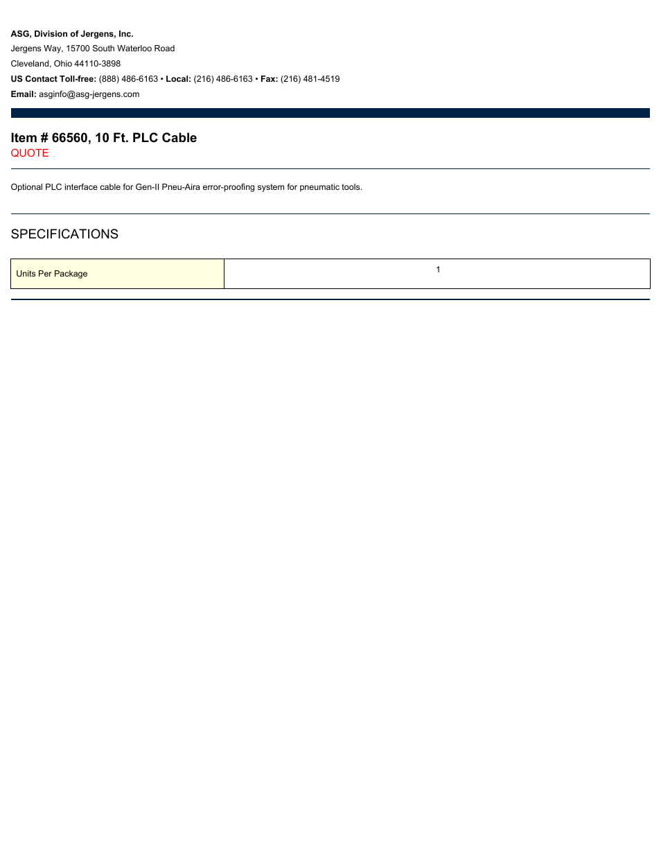 ASG Jergens 66560 10 Ft. PLC Cable User Manual | 1 page