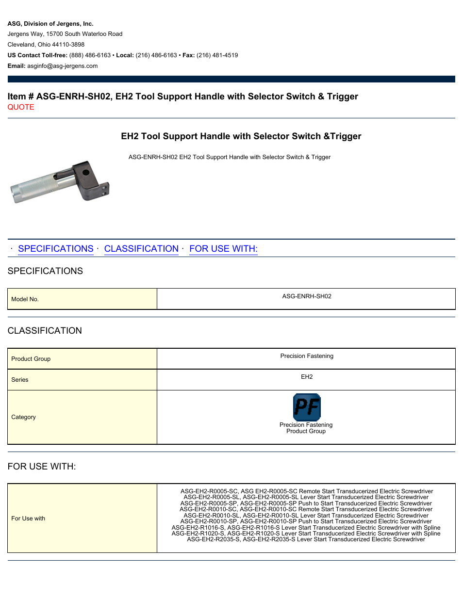 ASG Jergens ASG-ENRH-SH02 EH2 Tool Support Handle User Manual | 1 page