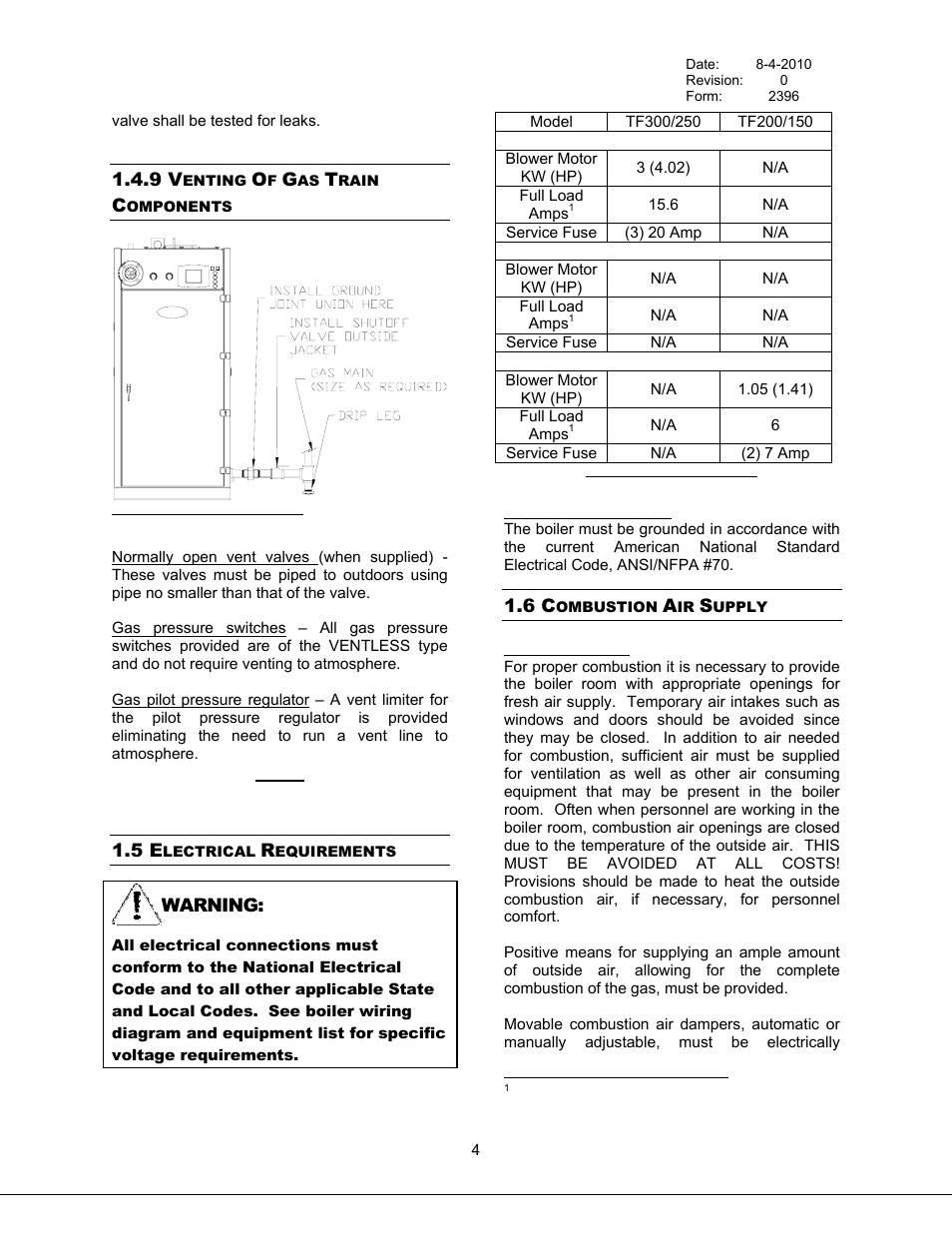 Venting of gas train components, Electrical requirements, Combustion air supply | 9 venting of gas train components, 5 electrical requirements, 6 combustion air supply, Table 2 electrical requirements, Figure 2 main gas inlet connection | Bryan Boilers Triple-Flex High Efficiency Boilers & 300 User Manual | Page 10 / 81