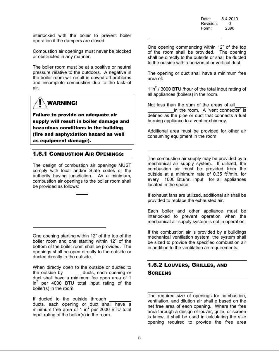 Combustion air openings, Louvers, grilles, and screens, 1 combustion air openings | 2 louvers, grilles, and screens | Bryan Boilers Triple-Flex High Efficiency Boilers & 300 User Manual | Page 11 / 81