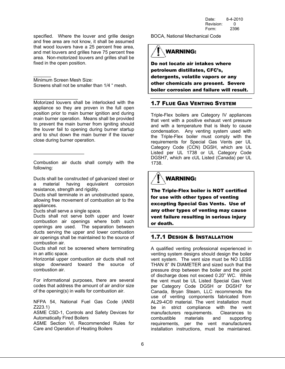 Flue gas venting system, Design & installation, 7 flue gas venting system | 1 design & installation | Bryan Boilers Triple-Flex High Efficiency Boilers & 300 User Manual | Page 12 / 81