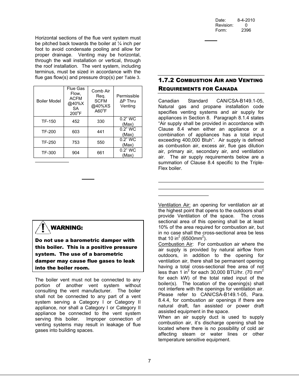 Combustion air and venting requirements for canada, Table 3 boiler draft, Warning | Bryan Boilers Triple-Flex High Efficiency Boilers & 300 User Manual | Page 13 / 81