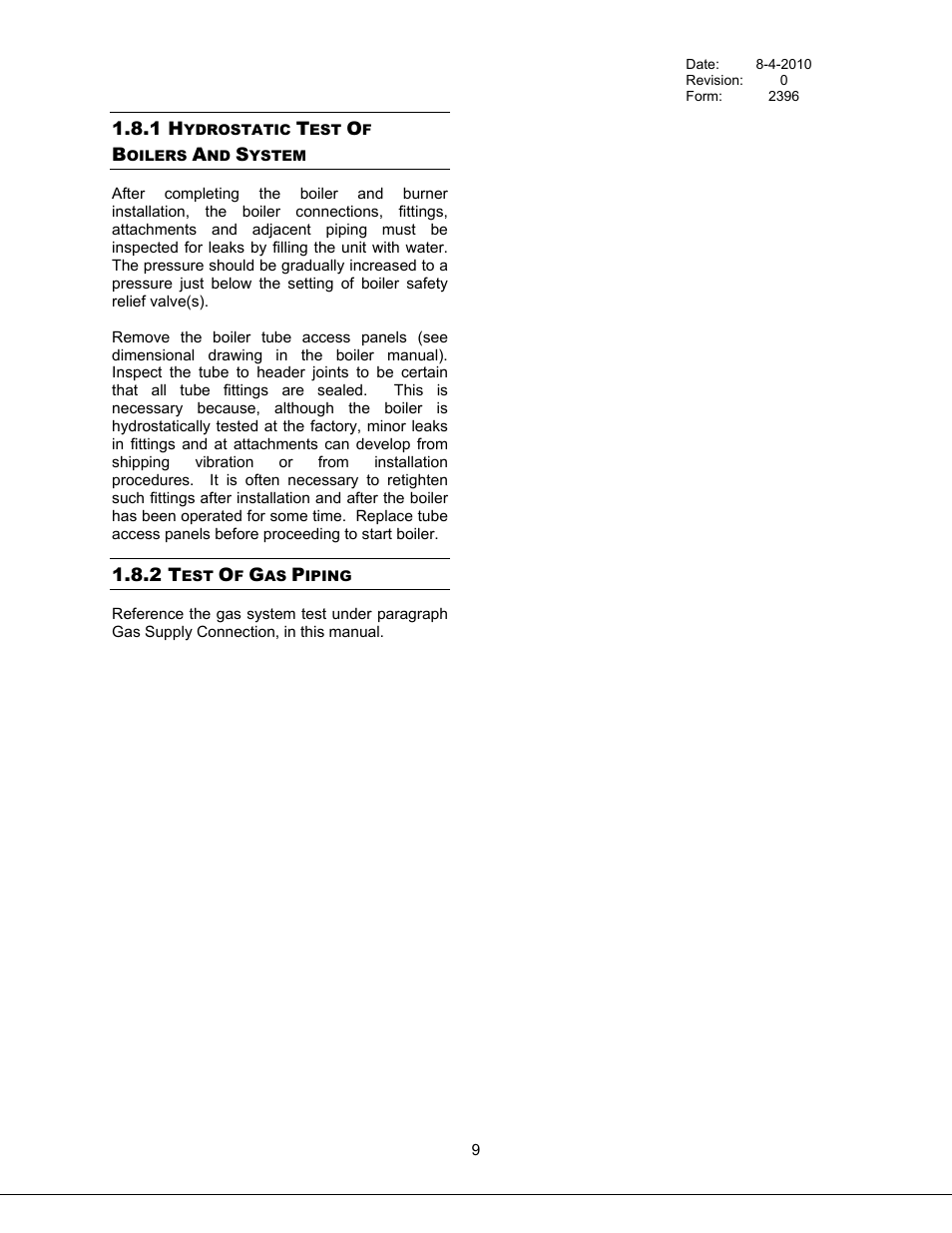 Hydrostatic test of boilers and system, Test of gas piping, 1 hydrostatic test of boilers and system | 2 test of gas piping | Bryan Boilers Triple-Flex High Efficiency Boilers & 300 User Manual | Page 15 / 81