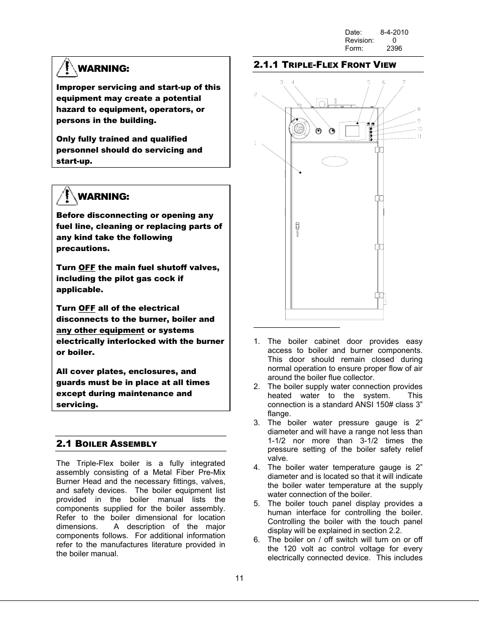Boiler assembly, Triple-flex front view, 1 boiler assembly | 1 triple-flex front view, Figure 3 triple-flex front view | Bryan Boilers Triple-Flex High Efficiency Boilers & 300 User Manual | Page 17 / 81