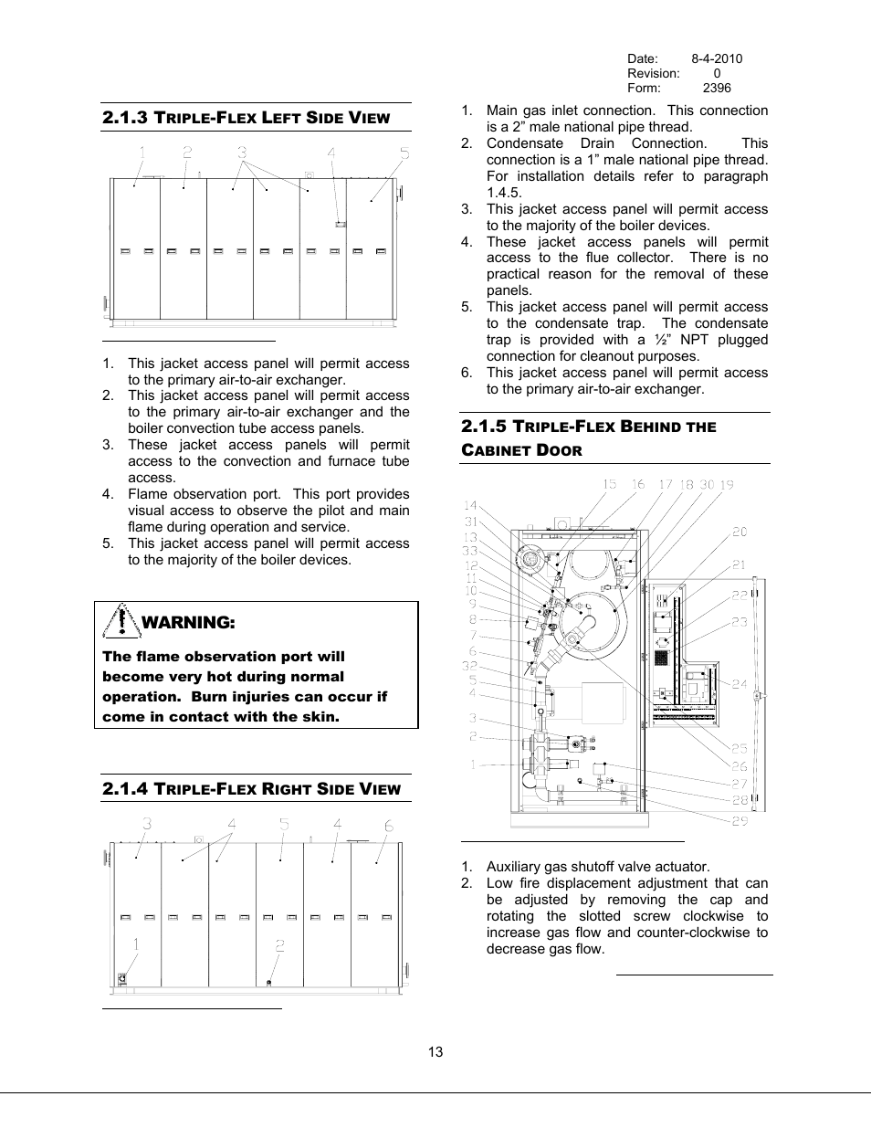 Triple-flex left side view, Triple-flex right side view, Triple-flex behind the cabinet door | 3 triple-flex left side view, 4 triple-flex right side view, 5 triple-flex behind the cabinet door, Figure 5 triple-flex left side view, Figure 6 triple-flex right side view, Figure 7 triple-flex behind the cabinet door | Bryan Boilers Triple-Flex High Efficiency Boilers & 300 User Manual | Page 19 / 81