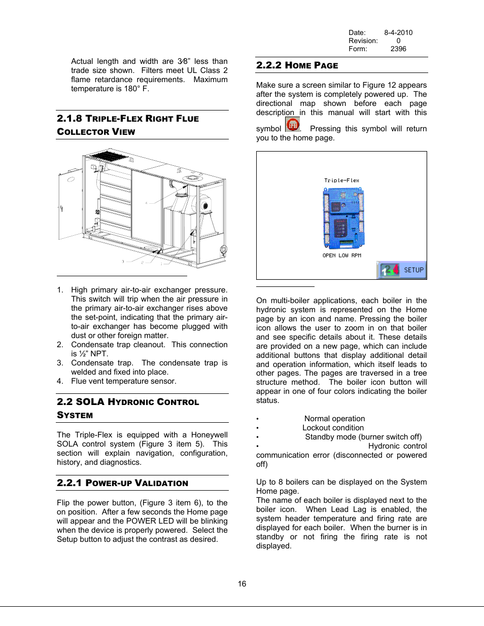 Triple-flex right flue collector view, Sola hydronic control system, Power-up validation | 8 triple-flex right flue collector view, 2 sola hydronic control system, 1 power-up validation, Figure 11 triple-flex right flue collector view | Bryan Boilers Triple-Flex High Efficiency Boilers & 300 User Manual | Page 22 / 81