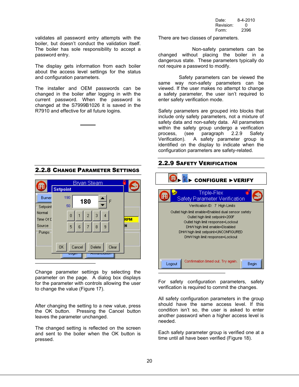 Change parameter settings, Safety verification, 8 change parameter settings | 9 safety verification, Figure 17 change parameter dialog, Figure 18 safety parameter verification | Bryan Boilers Triple-Flex High Efficiency Boilers & 300 User Manual | Page 26 / 81