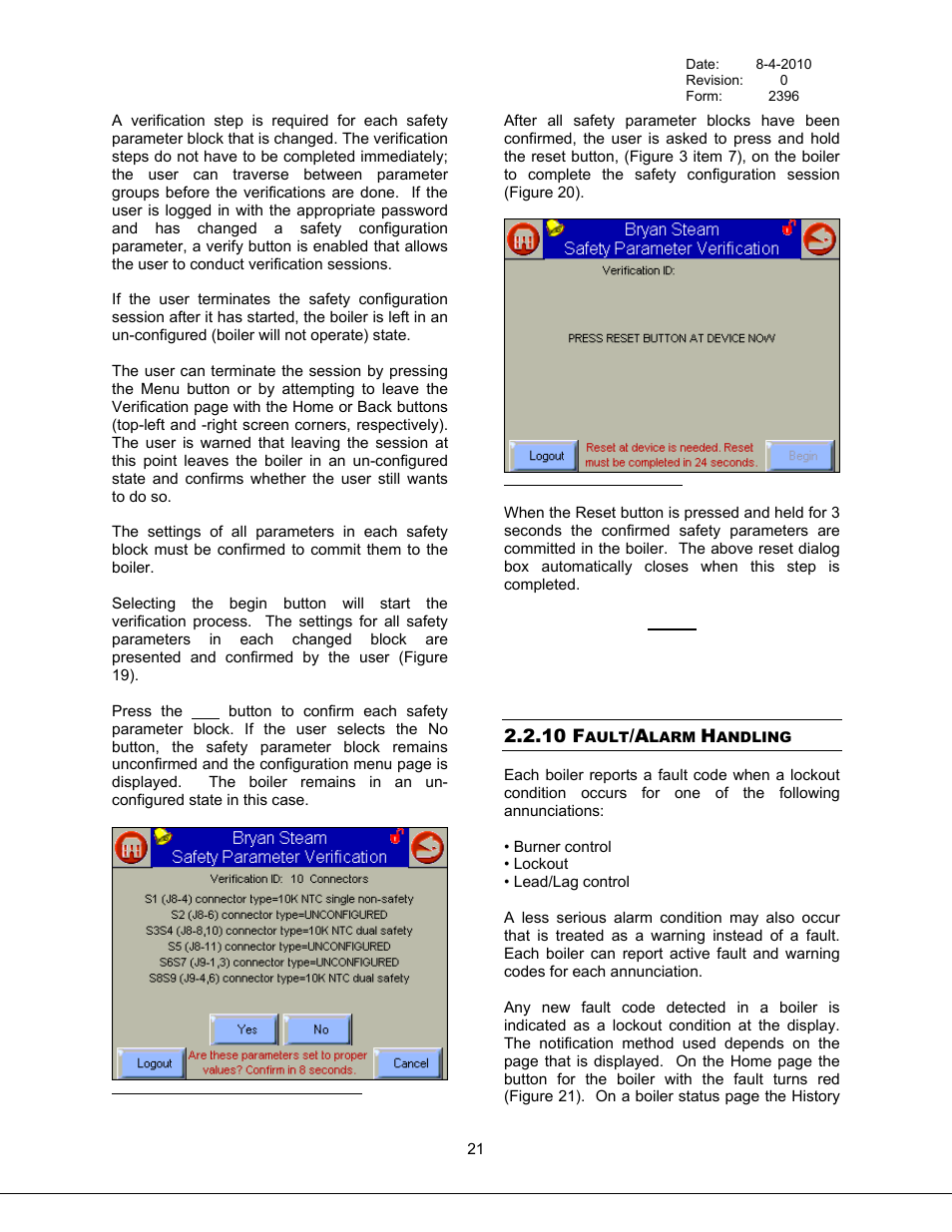 Fault/alarm handling, 10 fault/alarm handling, Figure 19 safety parameter user confirmation | Figure 20 safety parameter reset | Bryan Boilers Triple-Flex High Efficiency Boilers & 300 User Manual | Page 27 / 81