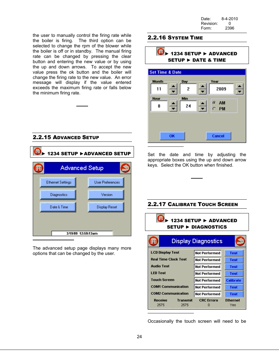Advanced setup, System time, Calibrate touch screen | 15 advanced setup, 16 system time, 17 calibrate touch screen, Figure 29 advanced setup, Figure 30 system time, Figure 31 display diagnostics | Bryan Boilers Triple-Flex High Efficiency Boilers & 300 User Manual | Page 30 / 81