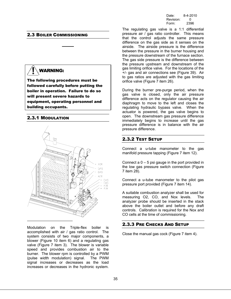 Boiler commissioning, Modulation, Test setup | Pre checks and setup, 3 boiler commissioning, 1 modulation, 2 test setup, 3 pre checks and setup, Figure 36 air / gas ratio tappings | Bryan Boilers Triple-Flex High Efficiency Boilers & 300 User Manual | Page 41 / 81