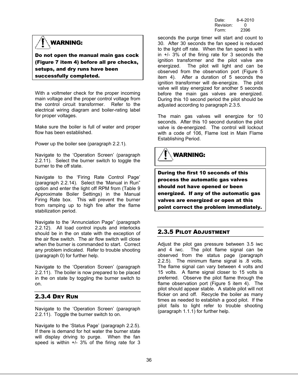 Dry run, Pilot adjustment, 4 dry run | 5 pilot adjustment | Bryan Boilers Triple-Flex High Efficiency Boilers & 300 User Manual | Page 42 / 81