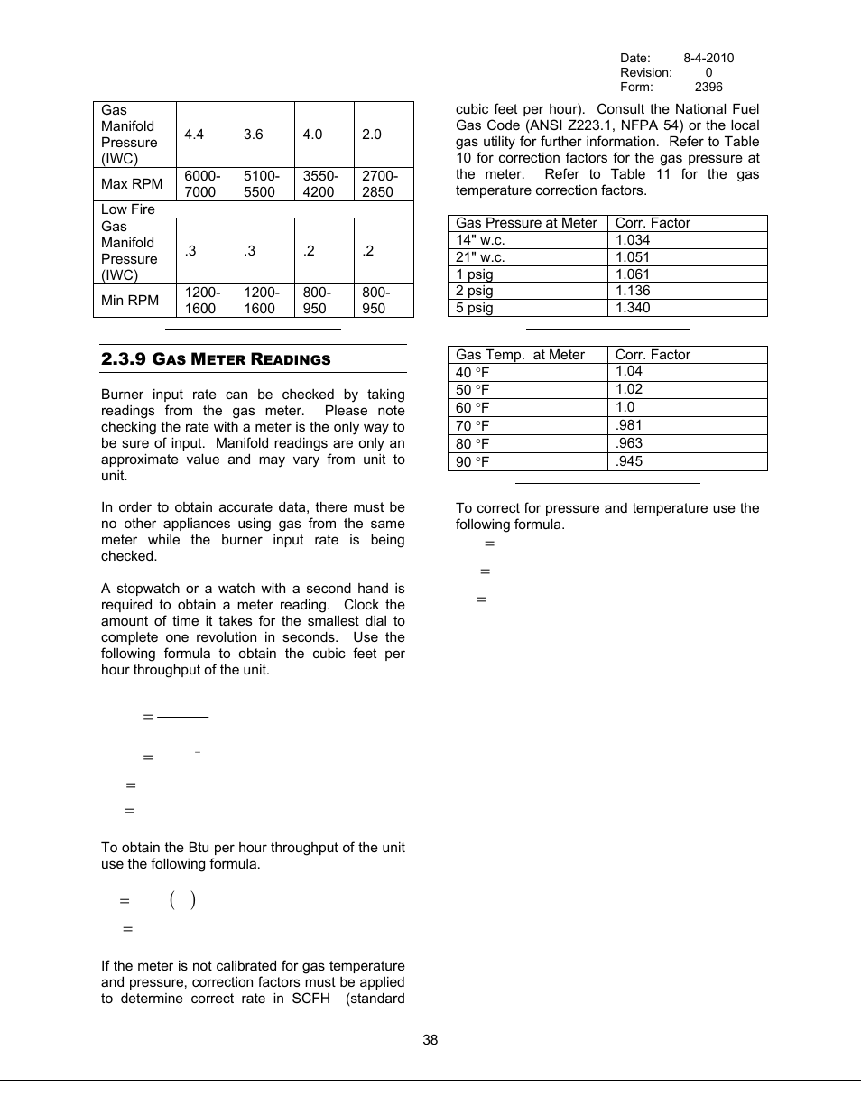 Gas meter readings, 9 gas meter readings, Table 9 approximate boiler settings | Table 10 gas pressure correction, Table 11 gas temperature correction, Table 9 approximate boiler settings) in the manua | Bryan Boilers Triple-Flex High Efficiency Boilers & 300 User Manual | Page 44 / 81