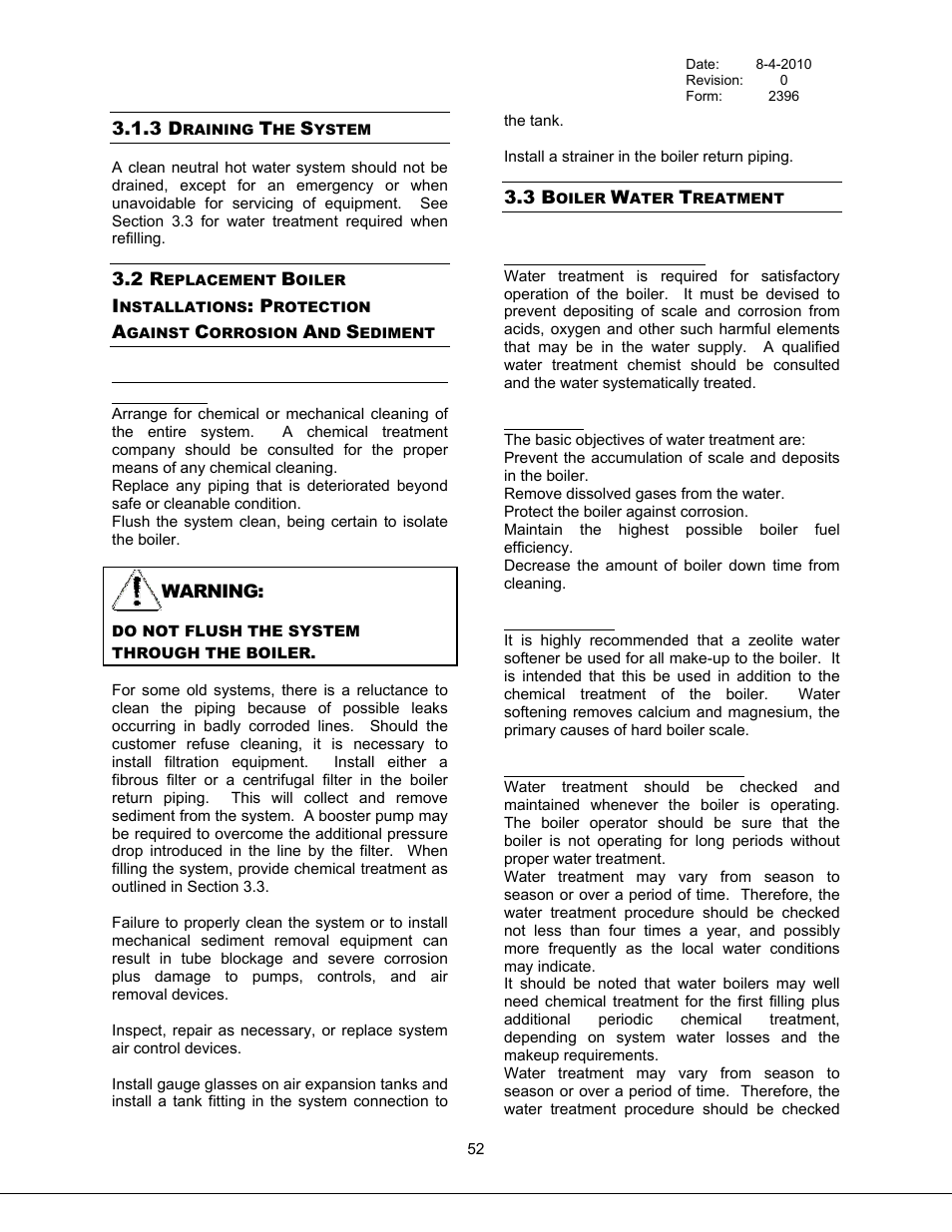 Draining the system, Boiler water treatment, 3 draining the system | 3 boiler water treatment | Bryan Boilers Triple-Flex High Efficiency Boilers & 300 User Manual | Page 58 / 81