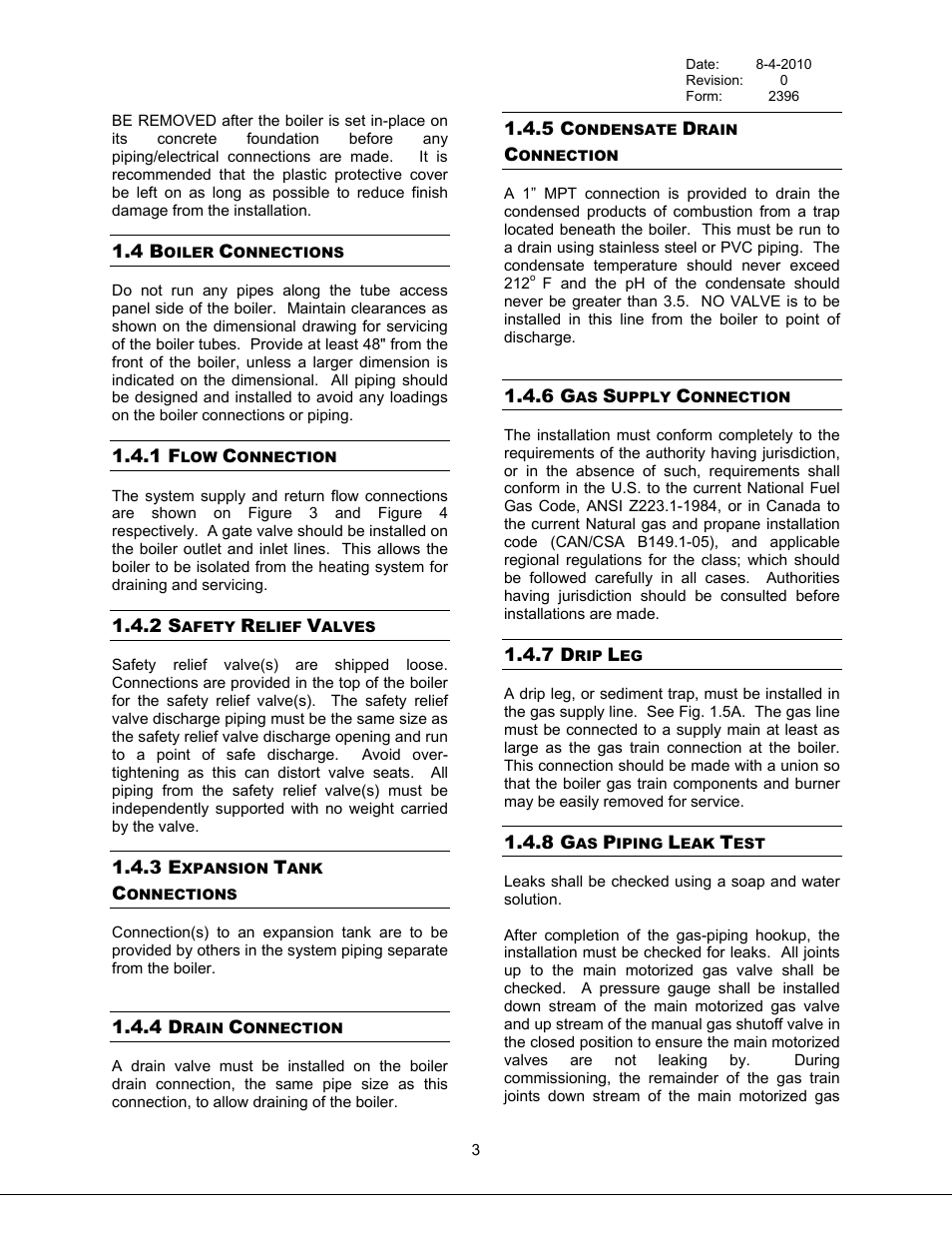 Boiler connections, Flow connection, Safety relief valves | Expansion tank connections, Drain connection, Condensate drain connection, Gas supply connection, Drip leg, Gas piping leak test, 4 boiler connections | Bryan Boilers Triple-Flex High Efficiency Boilers & 300 User Manual | Page 9 / 81