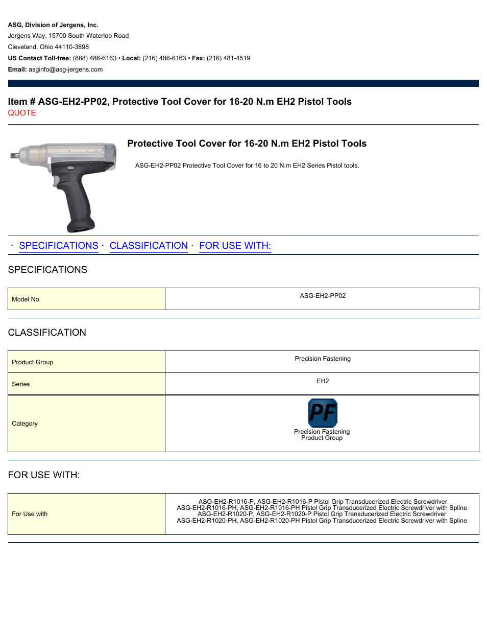 ASG Jergens ASG-EH2-PP02 Protective Tool Cover User Manual | 1 page