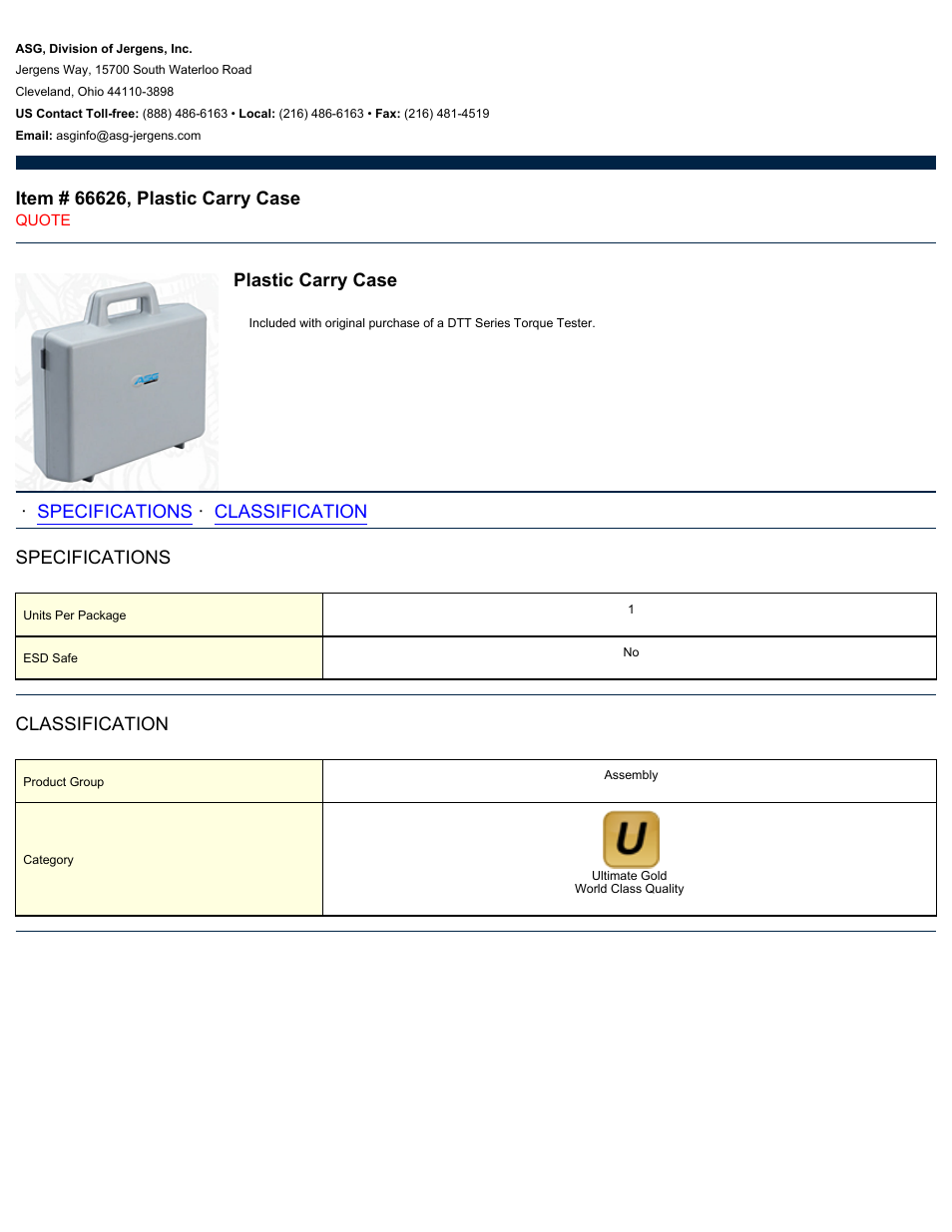 ASG Jergens 66626 Plastic Carry Case User Manual | 1 page