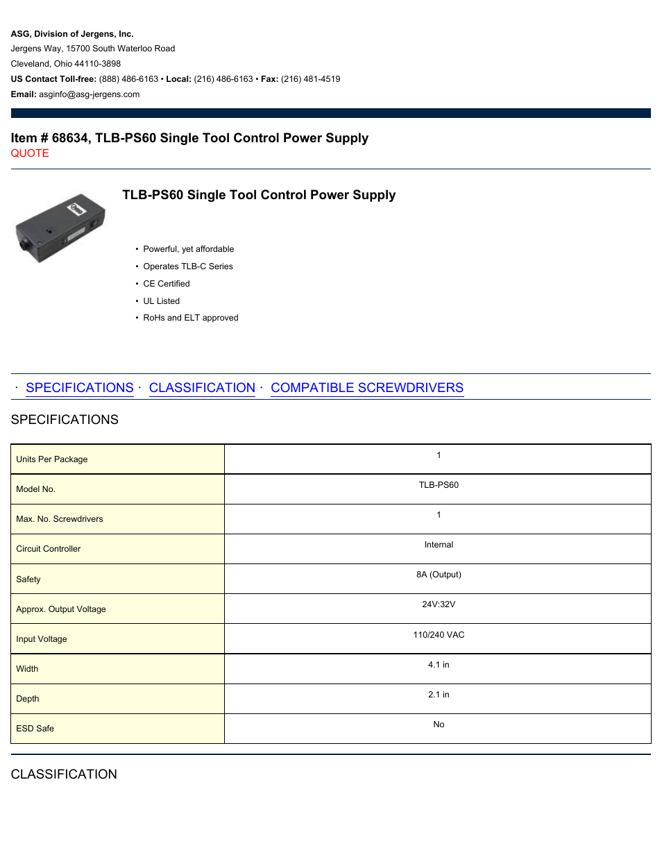 ASG Jergens 68634 TLB-PS60 Single Tool Control Power Supply User Manual | 2 pages