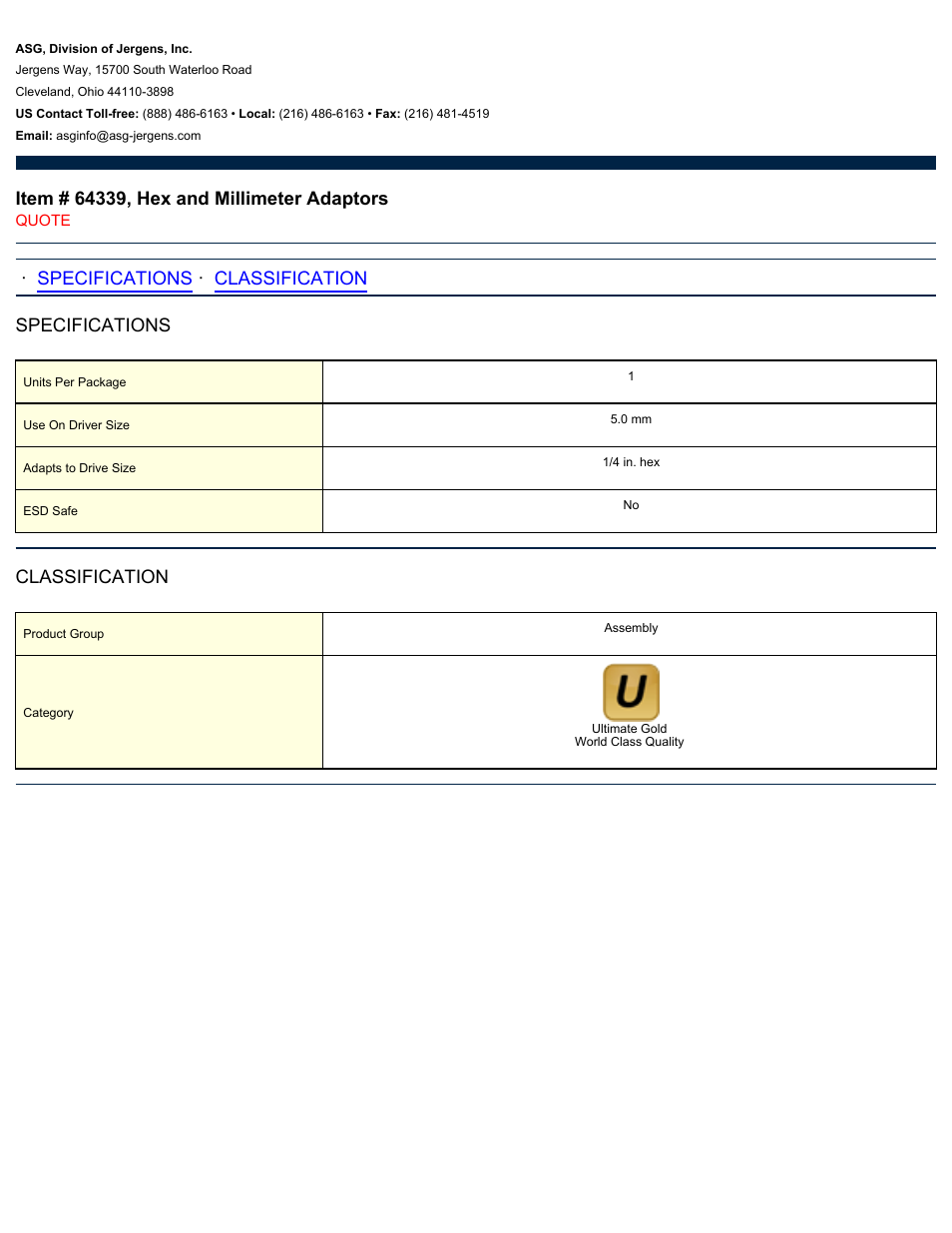 ASG Jergens 64339 Hex and Millimeter Adaptor User Manual | 1 page