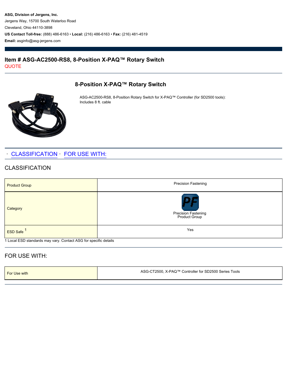 ASG Jergens ASG-AC2500-RS8 Rotary Switch User Manual | 1 page