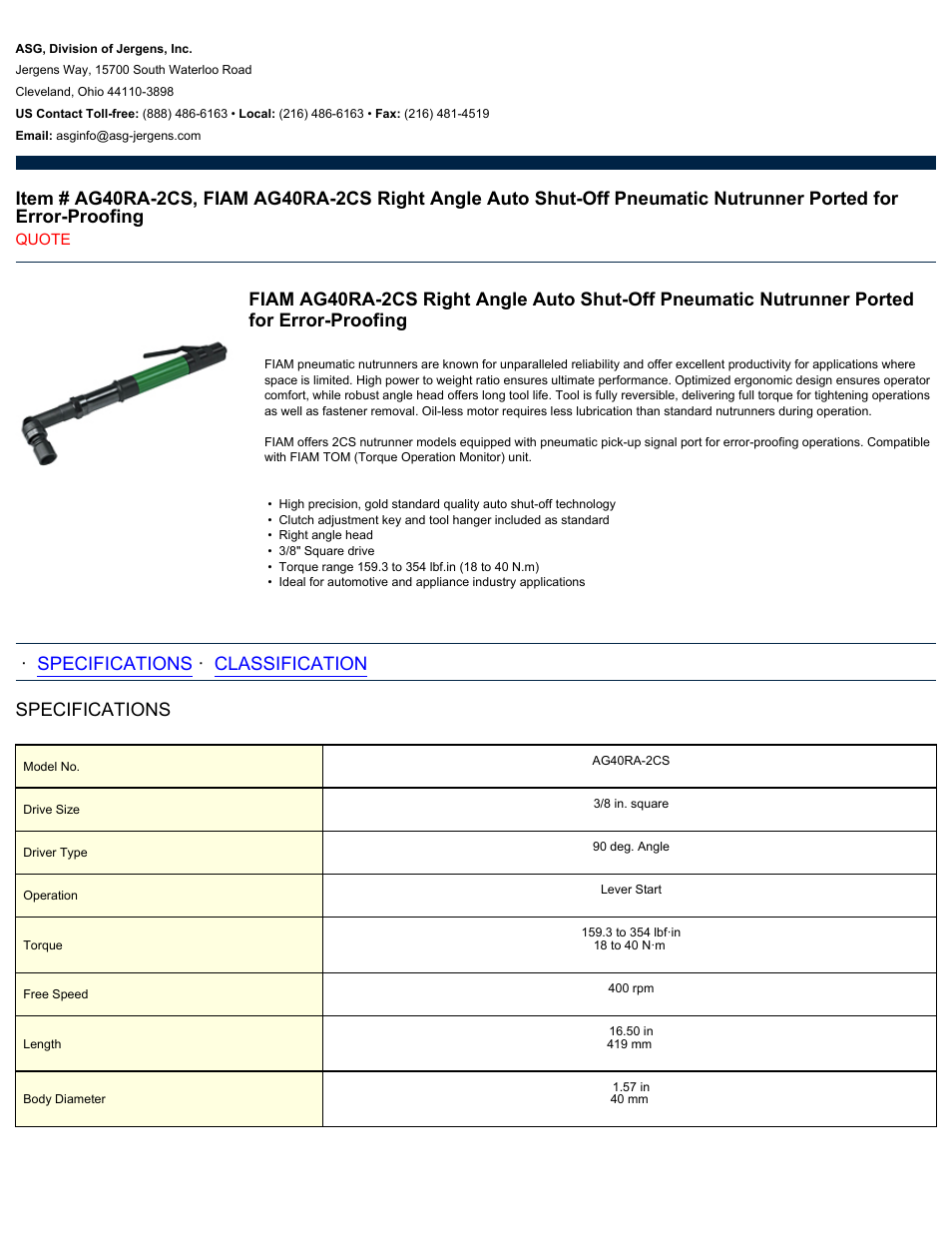 ASG Jergens AG40RA-2CS User Manual | 2 pages