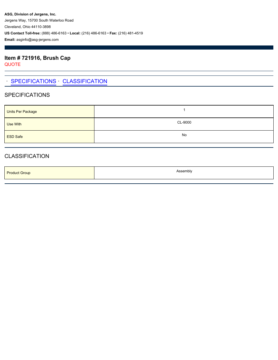 ASG Jergens 721916 Brush Cap User Manual | 1 page