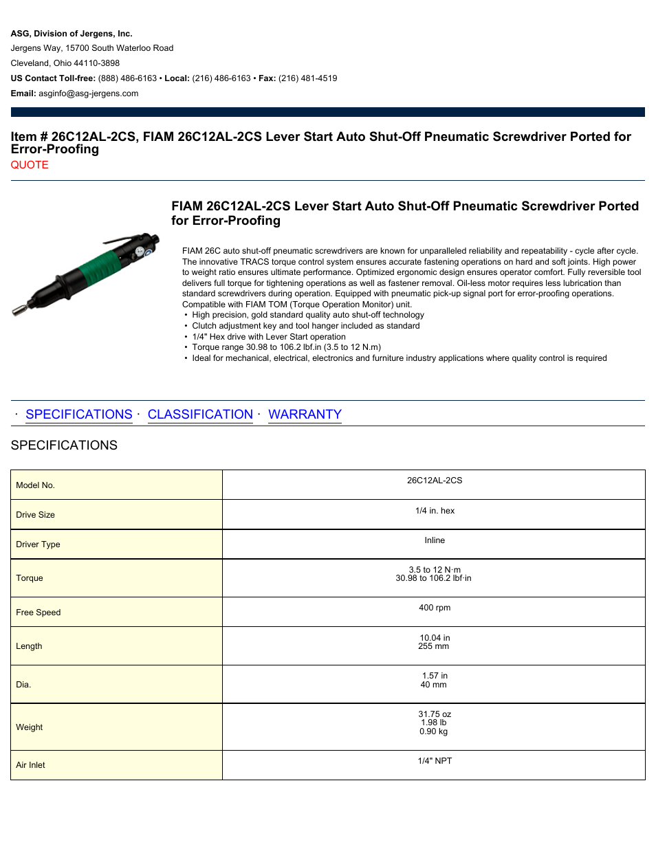 ASG Jergens 26C12AL-2CS User Manual | 2 pages