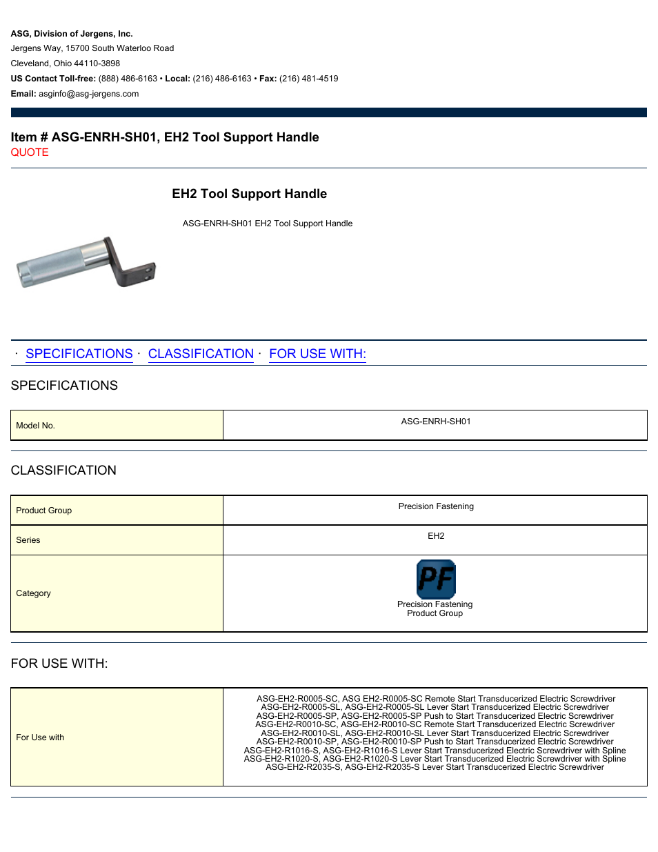 ASG Jergens ASG-ENRH-SH01 EH2 Tool Support Handle User Manual | 1 page