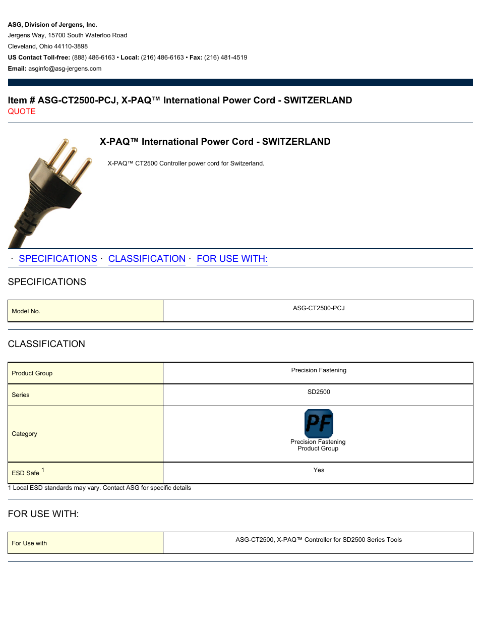 ASG Jergens ASG-CT2500-PCJ Power Cord - SWITZERLAND User Manual | 1 page