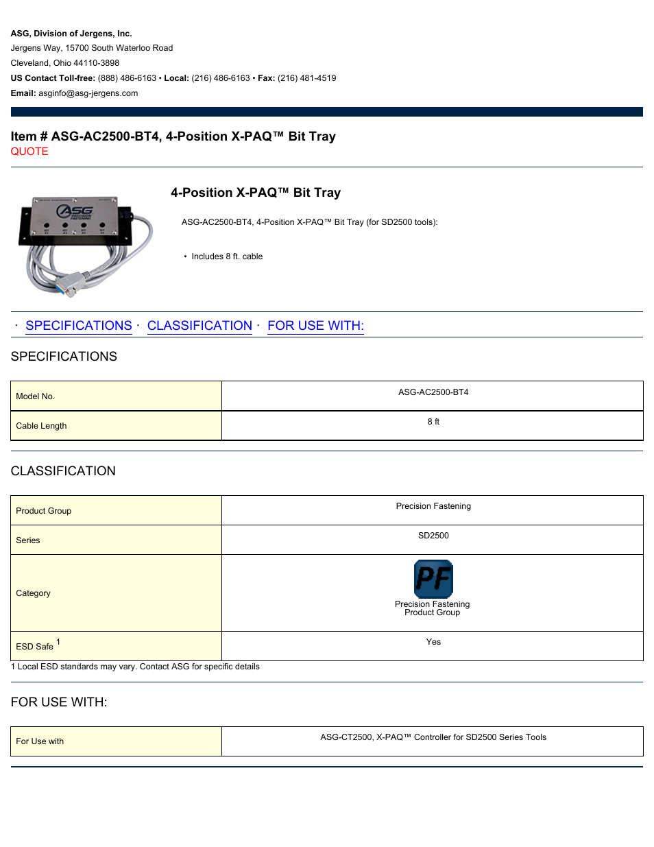 ASG Jergens ASG-AC2500-BT4 Bit Tray User Manual | 1 page