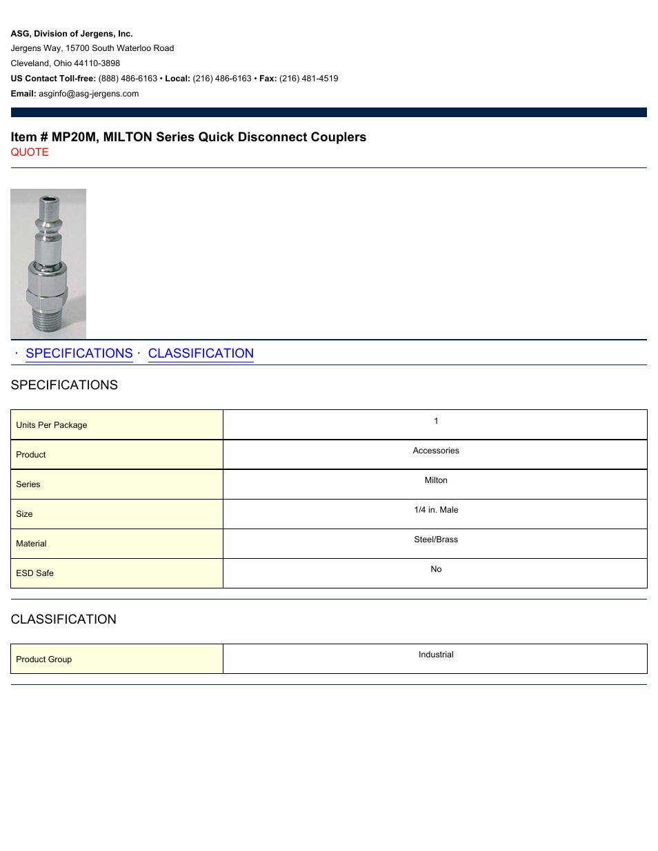 ASG Jergens MP20M MILTON Series Quick Disconnect Couplers User Manual | 1 page