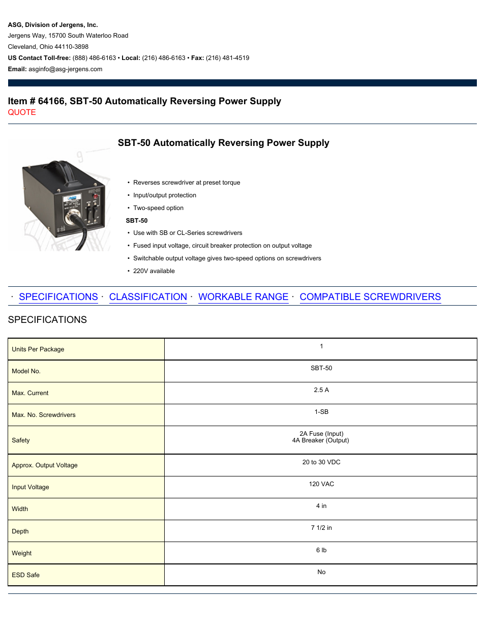 ASG Jergens 64166 SBT-50 Automatically Reversing Power Supply User Manual | 2 pages