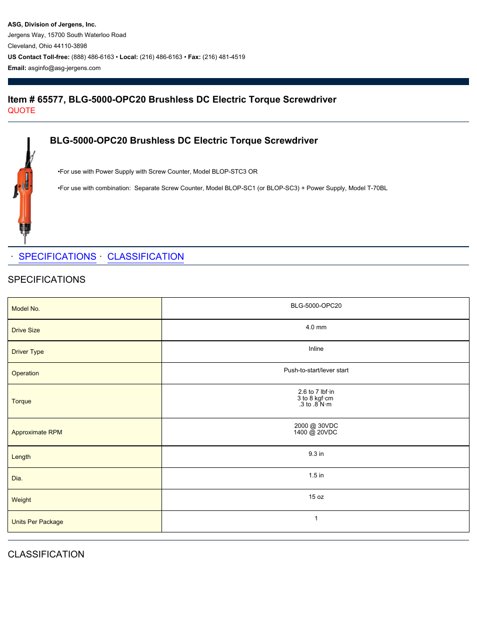 ASG Jergens 65577 BLG-5000-OPC20 User Manual | 2 pages