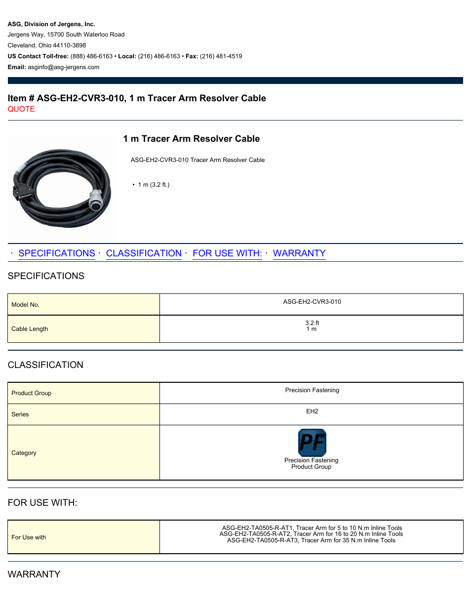 ASG Jergens ASG-EH2-CVR3-010 1 m Tracer Arm Resolver Cable User Manual | 2 pages