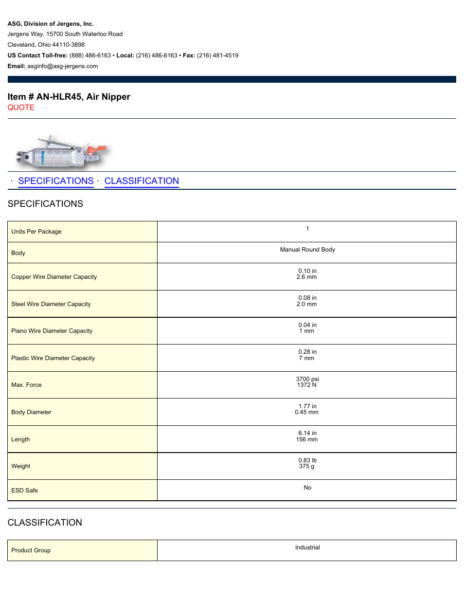 ASG Jergens AN-HLR45 Air Nipper User Manual | 2 pages