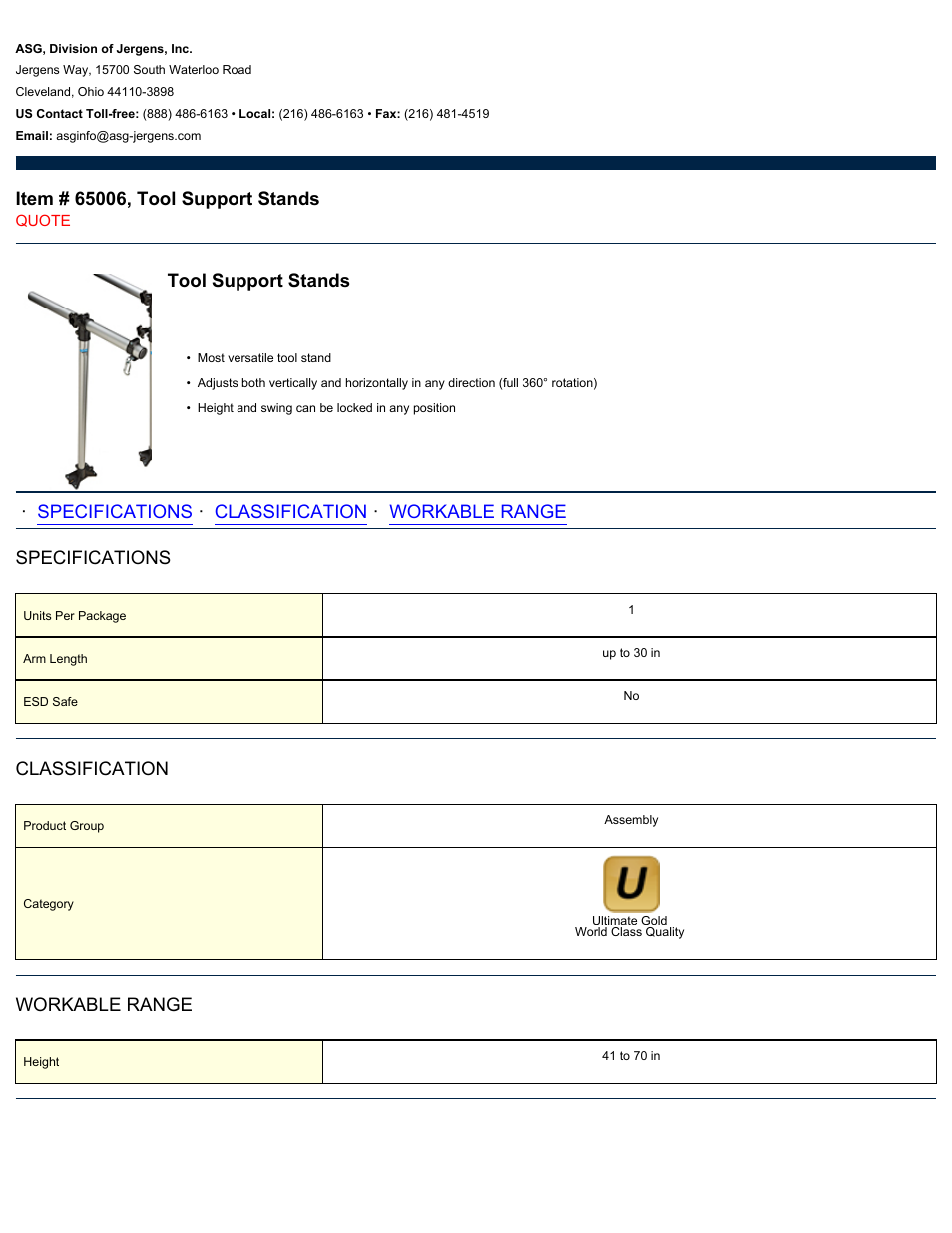 ASG Jergens 65006 Tool Support Stands User Manual | 1 page