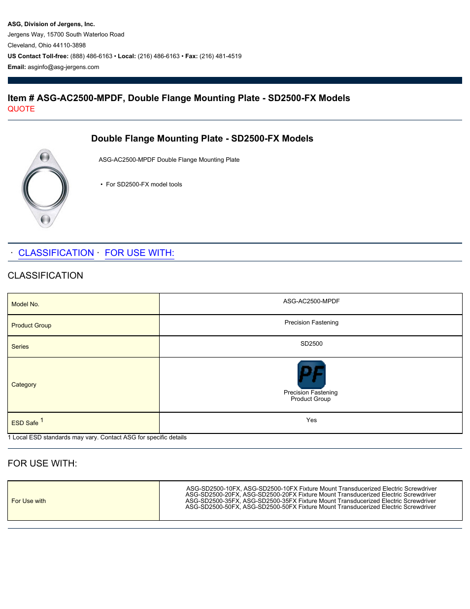 ASG Jergens ASG-AC2500-MPDF Double Flange Mounting Plate - SD2500-FX User Manual | 1 page