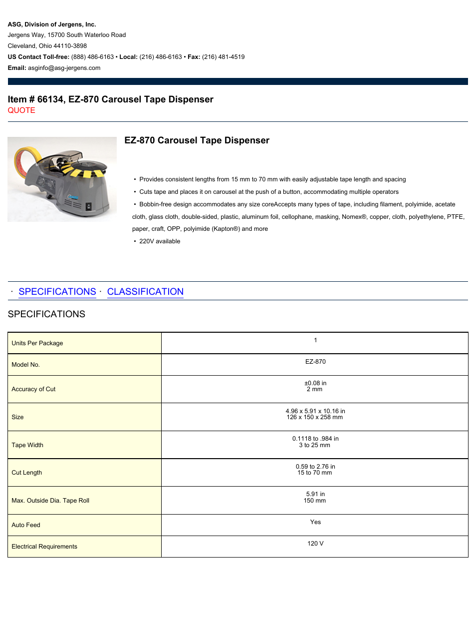ASG Jergens 66134 EZ-870 User Manual | 2 pages