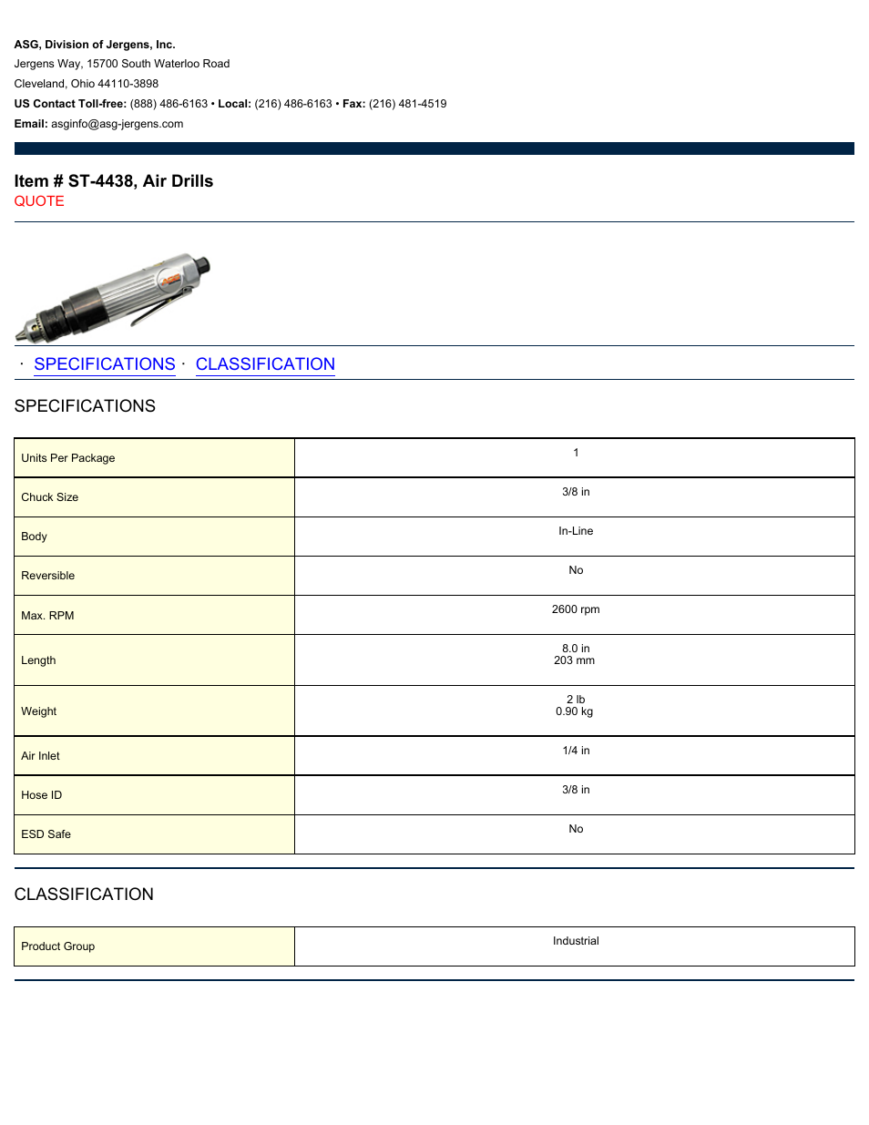 ASG Jergens ST-4438 Air Drill User Manual | 1 page