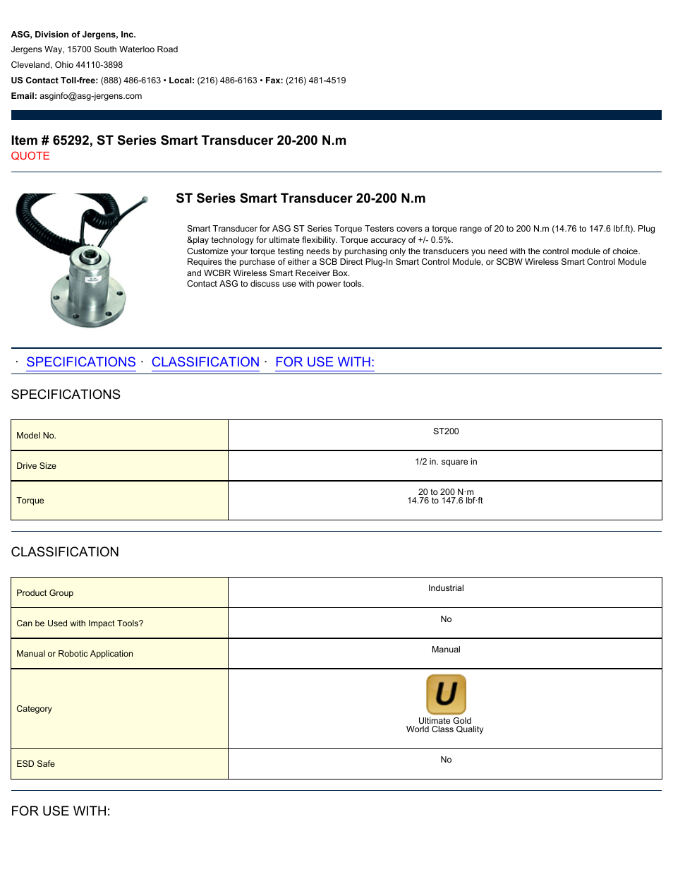 ASG Jergens 65292 ST Series Smart Transducer 20-200 N.m User Manual | 2 pages