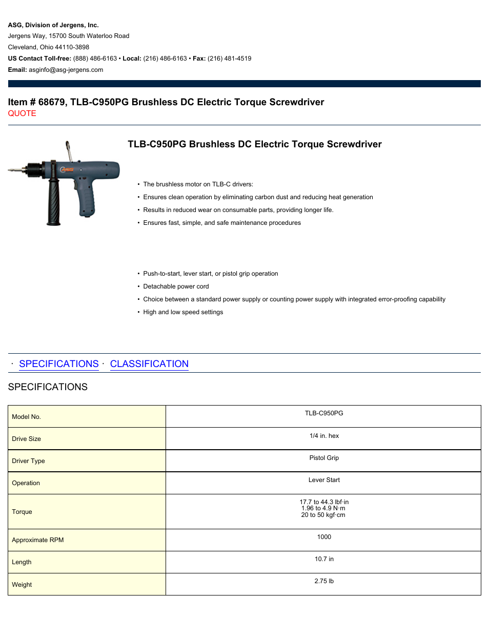 ASG Jergens 68679 TLB-C950PG User Manual | 2 pages