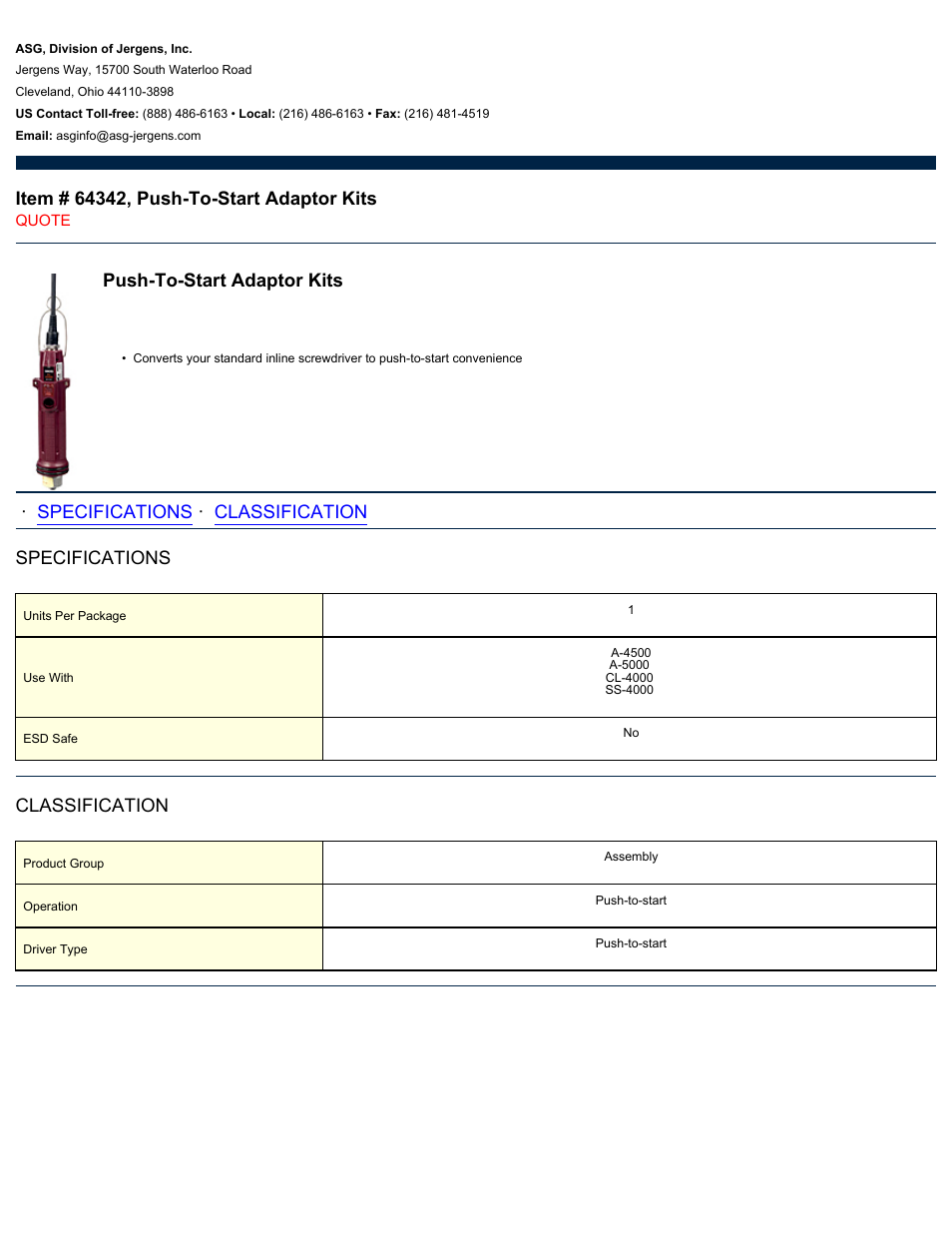 ASG Jergens 64342 Push-To-Start Adaptor Kits User Manual | 1 page