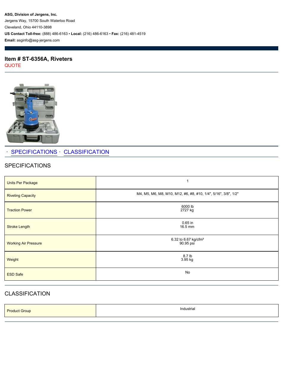 ASG Jergens ST-6356A Riveter User Manual | 1 page