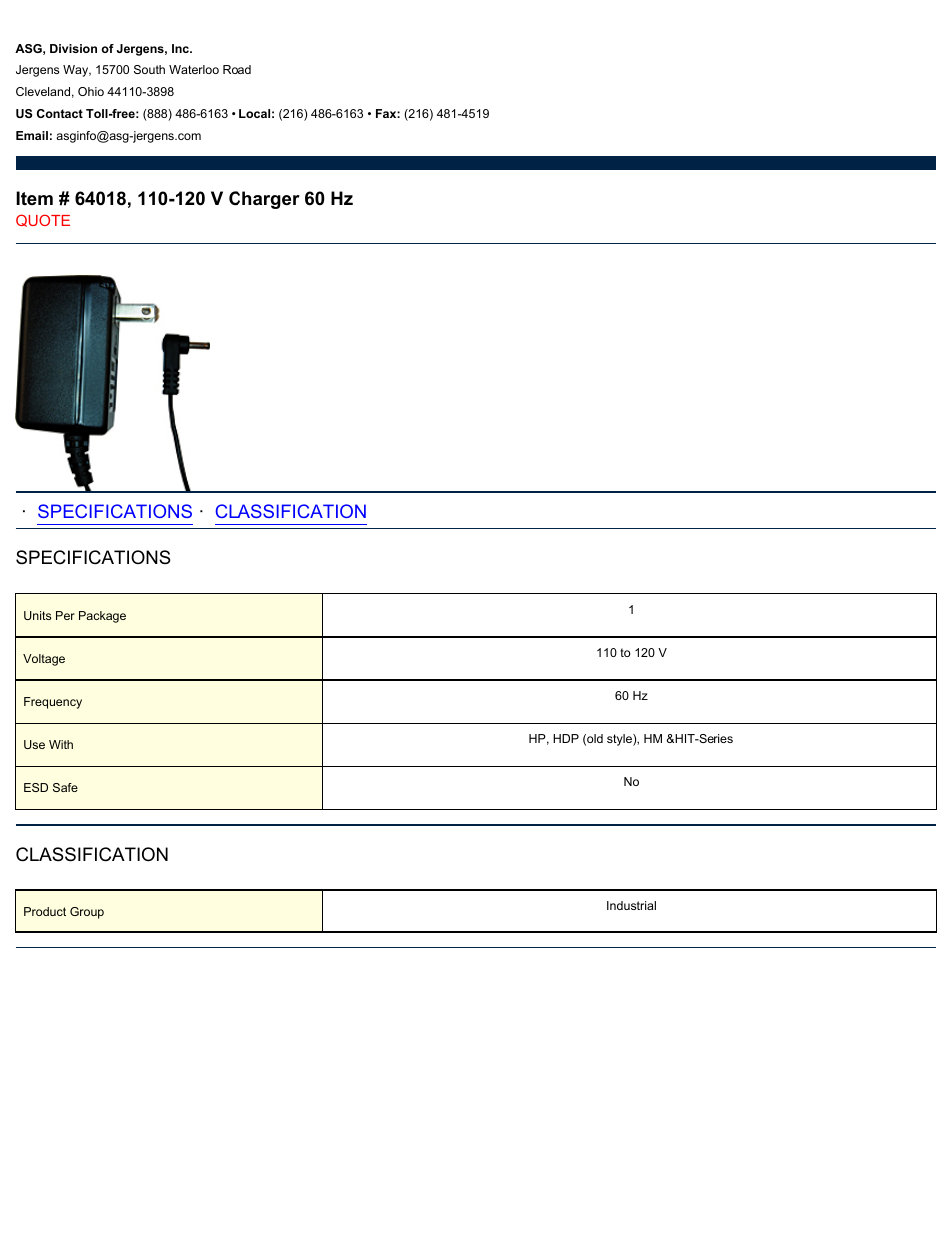 ASG Jergens 64018 110-120 V Charger 60 Hz User Manual | 1 page