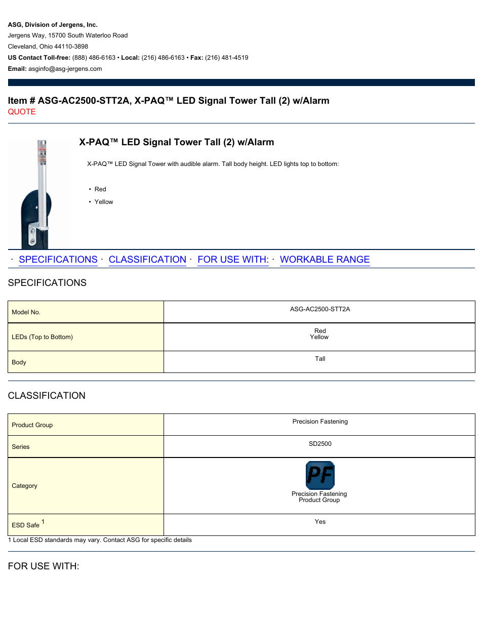 ASG Jergens ASG-AC2500-STT2A LED Signal Tower Tall User Manual | 2 pages
