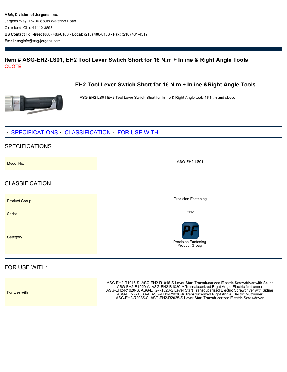 ASG Jergens ASG-EH2-LS01 EH2 Tool Lever Swtich Short User Manual | 1 page