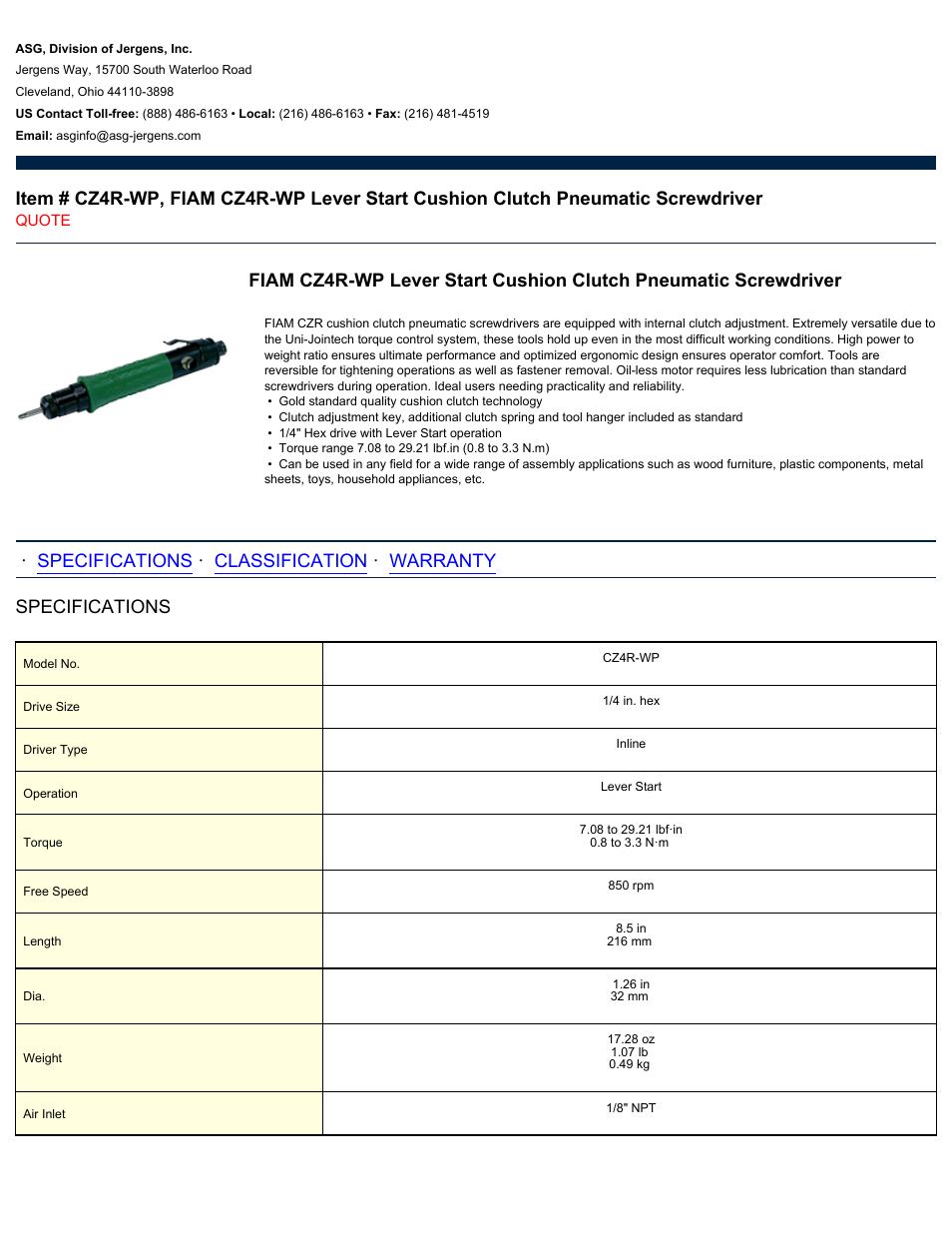 ASG Jergens CZ4R-WP User Manual | 2 pages