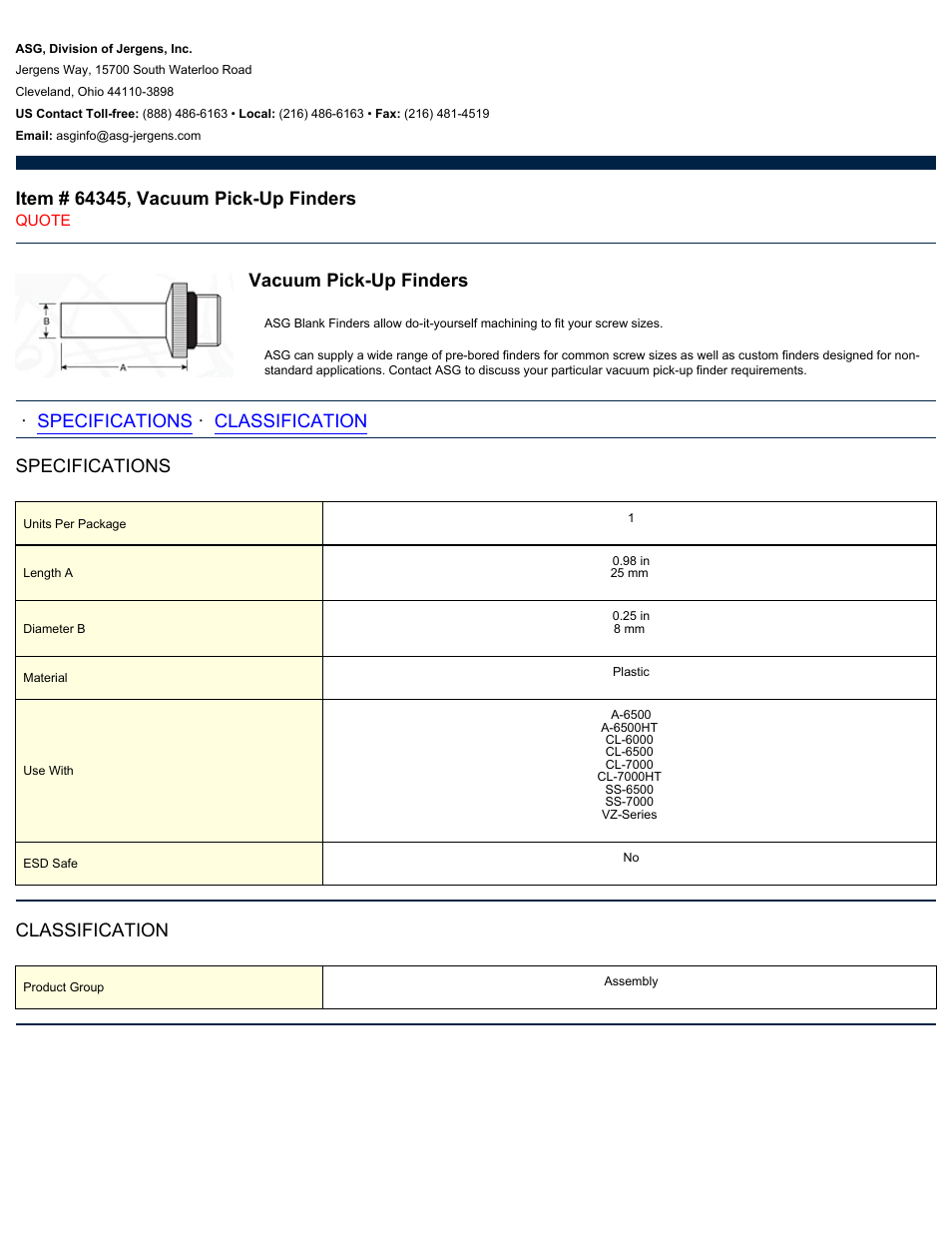 ASG Jergens 64345 Vacuum Pick-Up Finders User Manual | 1 page