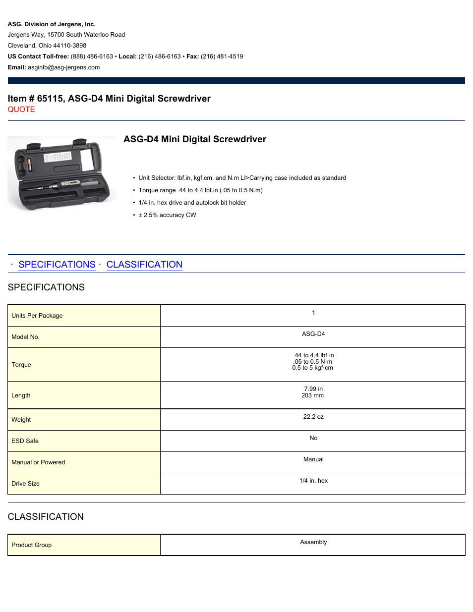 ASG Jergens 65115 ASG-D4 User Manual | 2 pages