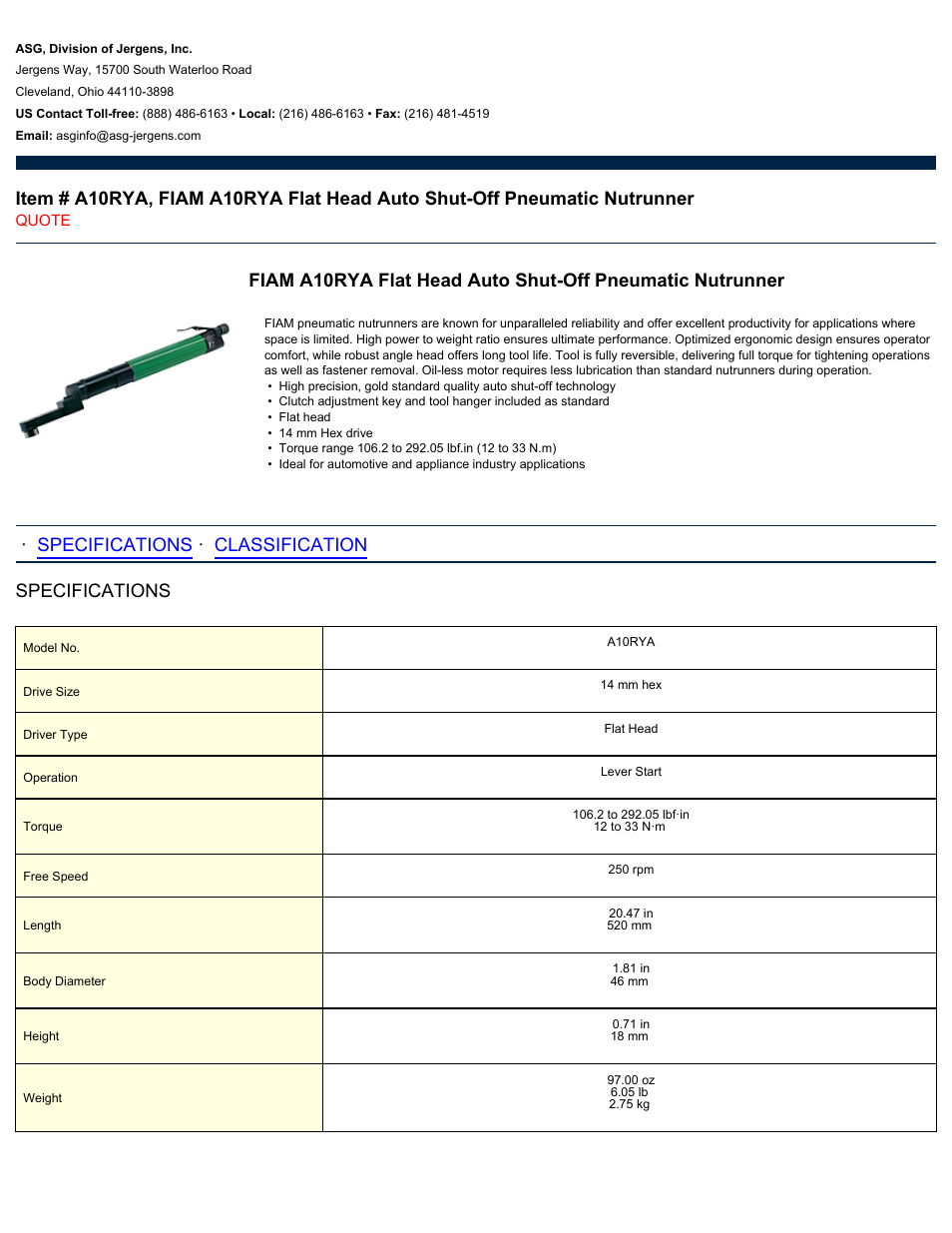 ASG Jergens A10RYA User Manual | 2 pages